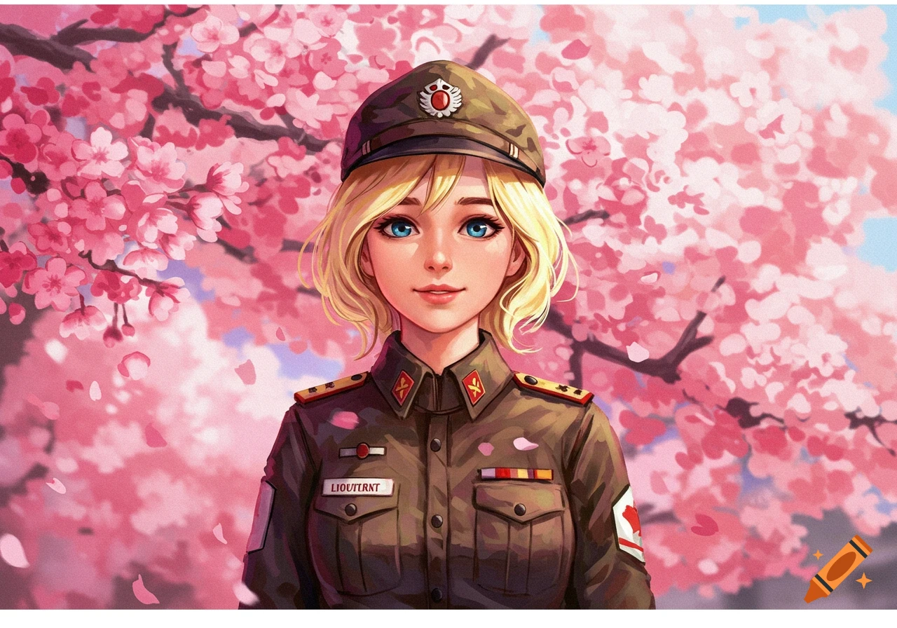 Blonde anime girl in a military uniform standing among pink cherry blossoms.