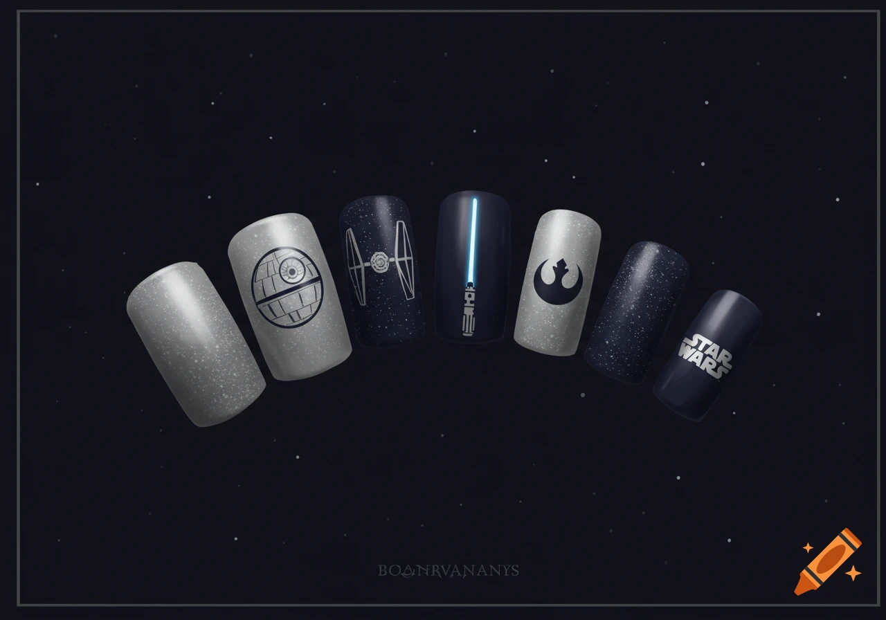 Star Wars themed nail designs featuring iconic symbols and logos against a dark, starry background.