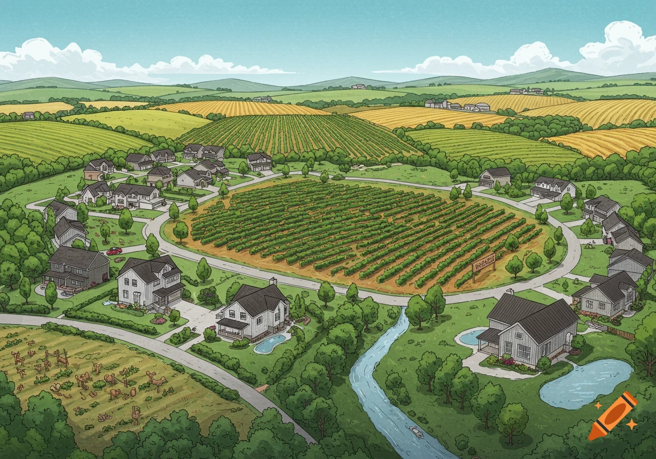 An illustration of a rural landscape featuring a circular housing subdivision surrounding a large vineyard, with additional farmland, houses, and a winding river.