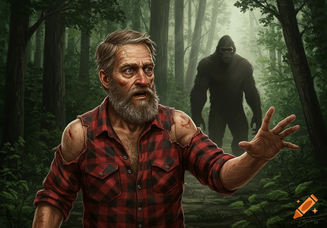 A scared man in a ripped flannel shirt sees a large, shadowy Bigfoot figure behind him in a dark forest.