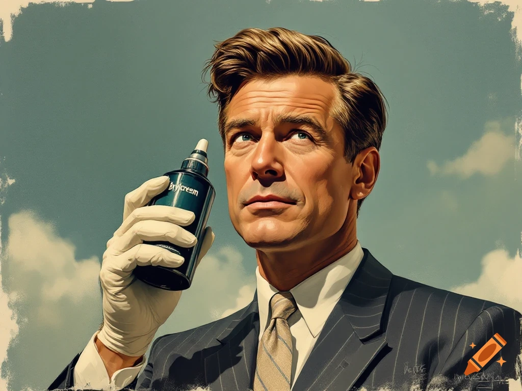 A man in a pinstripe suit and white glove holds a bottle of Brylcreem in a 1950s advertisement style.