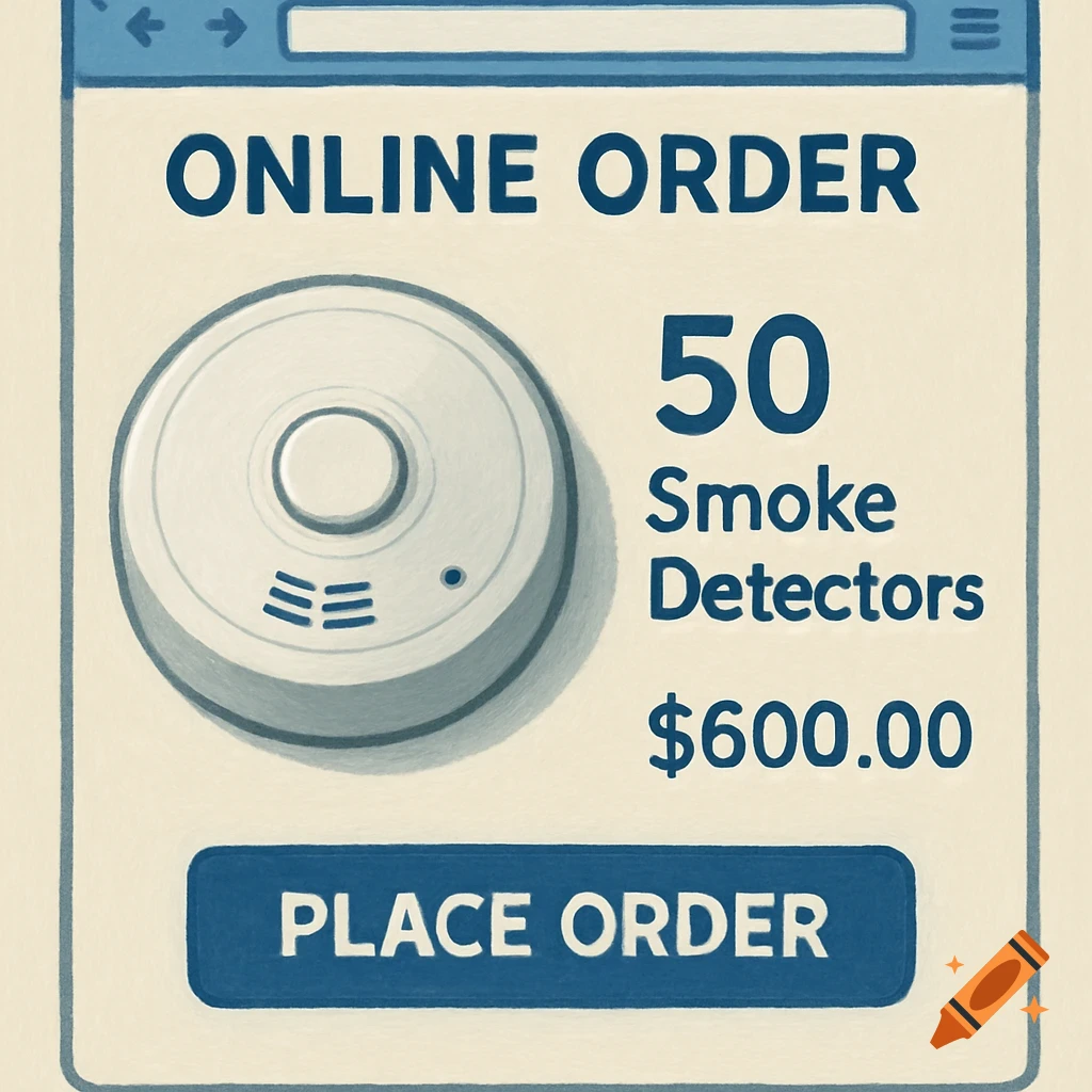 An online order page for 50 smoke detectors showing the item, quantity, price, and a 'Place Order' button.