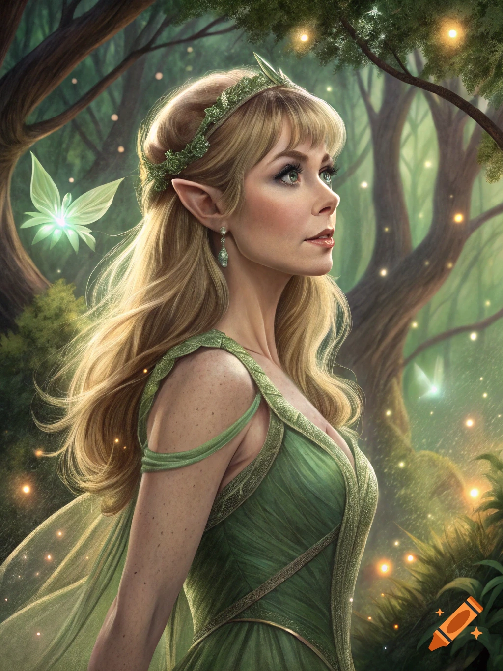 A beautiful blonde elf in a green dress and crown, with pointed ears ...
