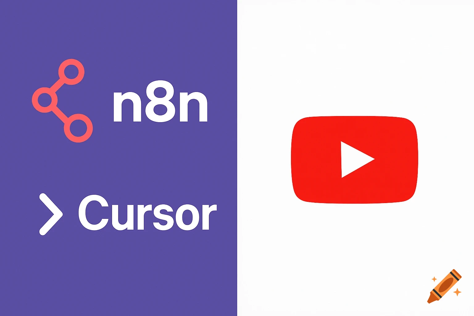 A split image with the n8n and Cursor logos on a purple background on the left, and the YouTube logo on a white background on the right.