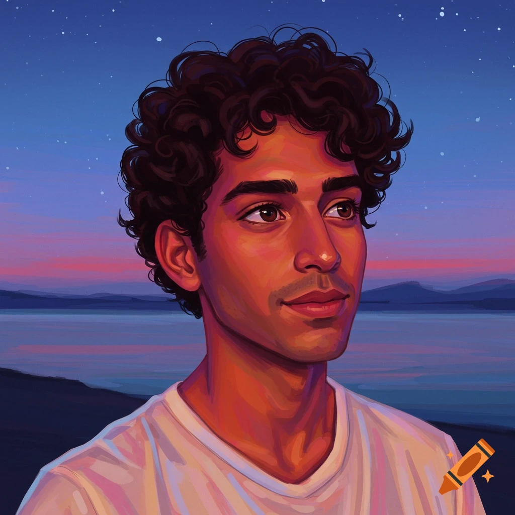 Illustrative portrait of a young man with curly hair, gazing towards a vibrant twilight sky over a lake.
