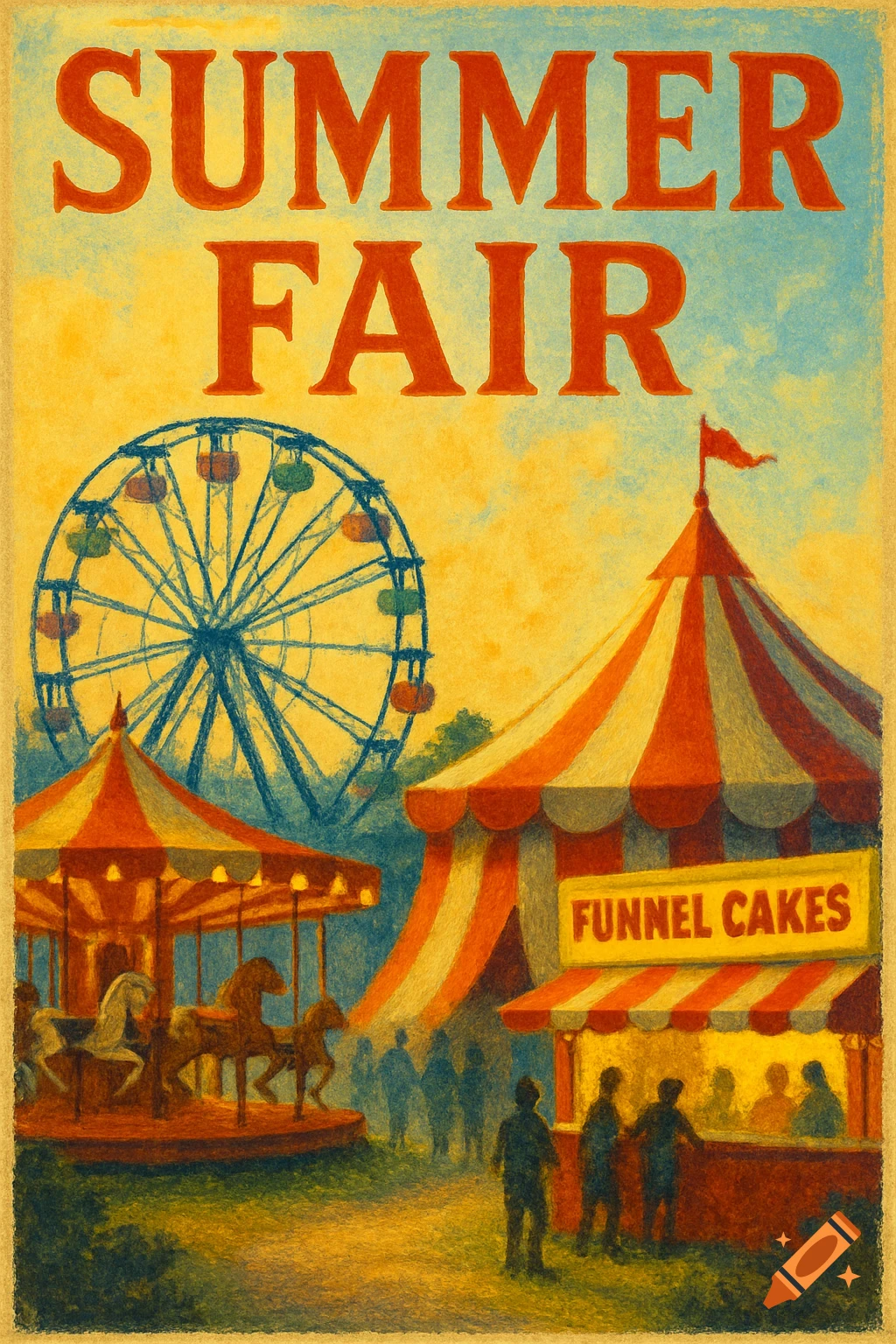 Vintage poster art of a summer fair with a Ferris wheel, carousel, and food stalls, featuring text 'SUMMER FAIR' and 'FUNNEL CAKES'.