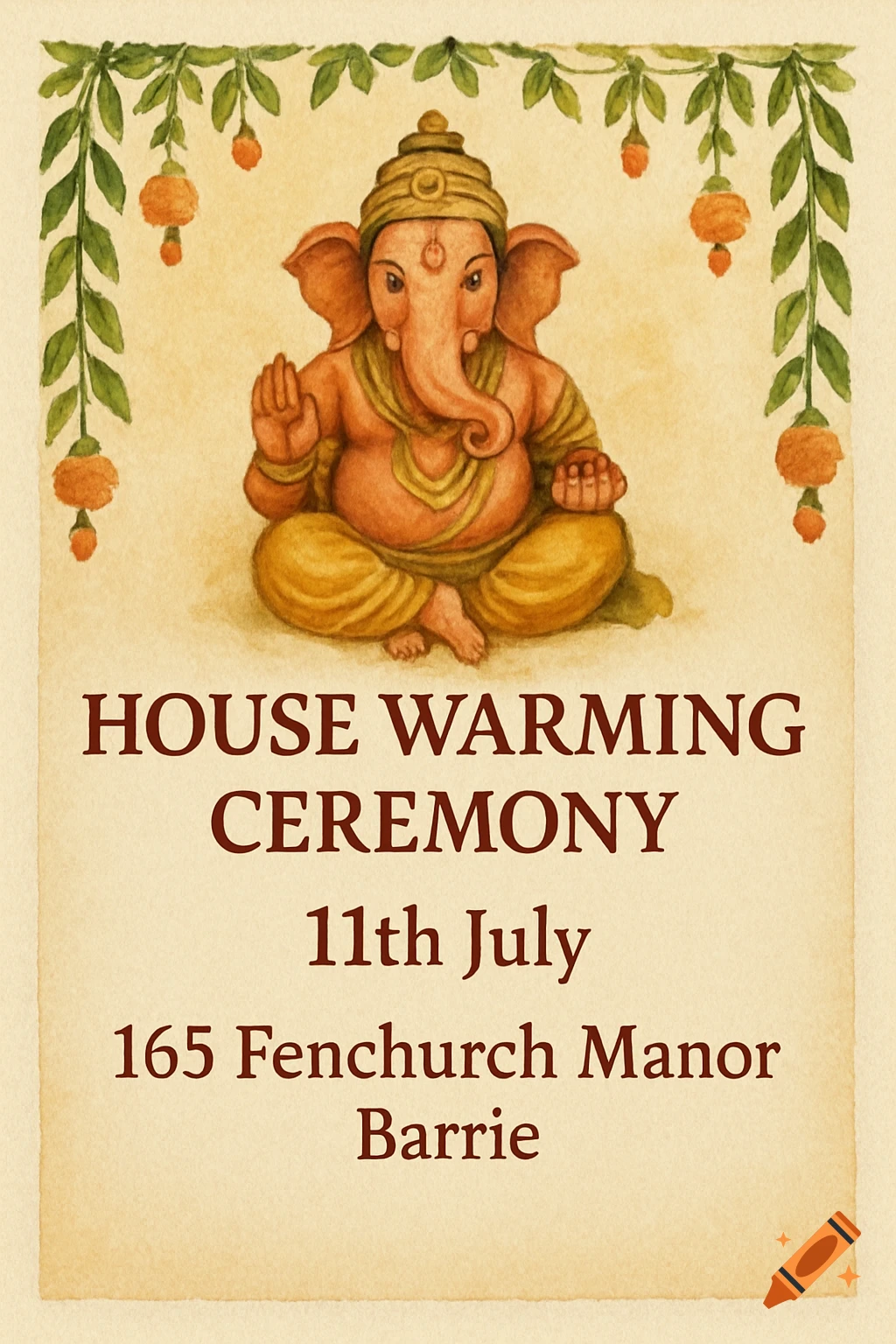 Watercolor illustration of Ganesha sitting, with green leafy vines and orange flowers bordering the top. Below is text for a house warming ceremony.