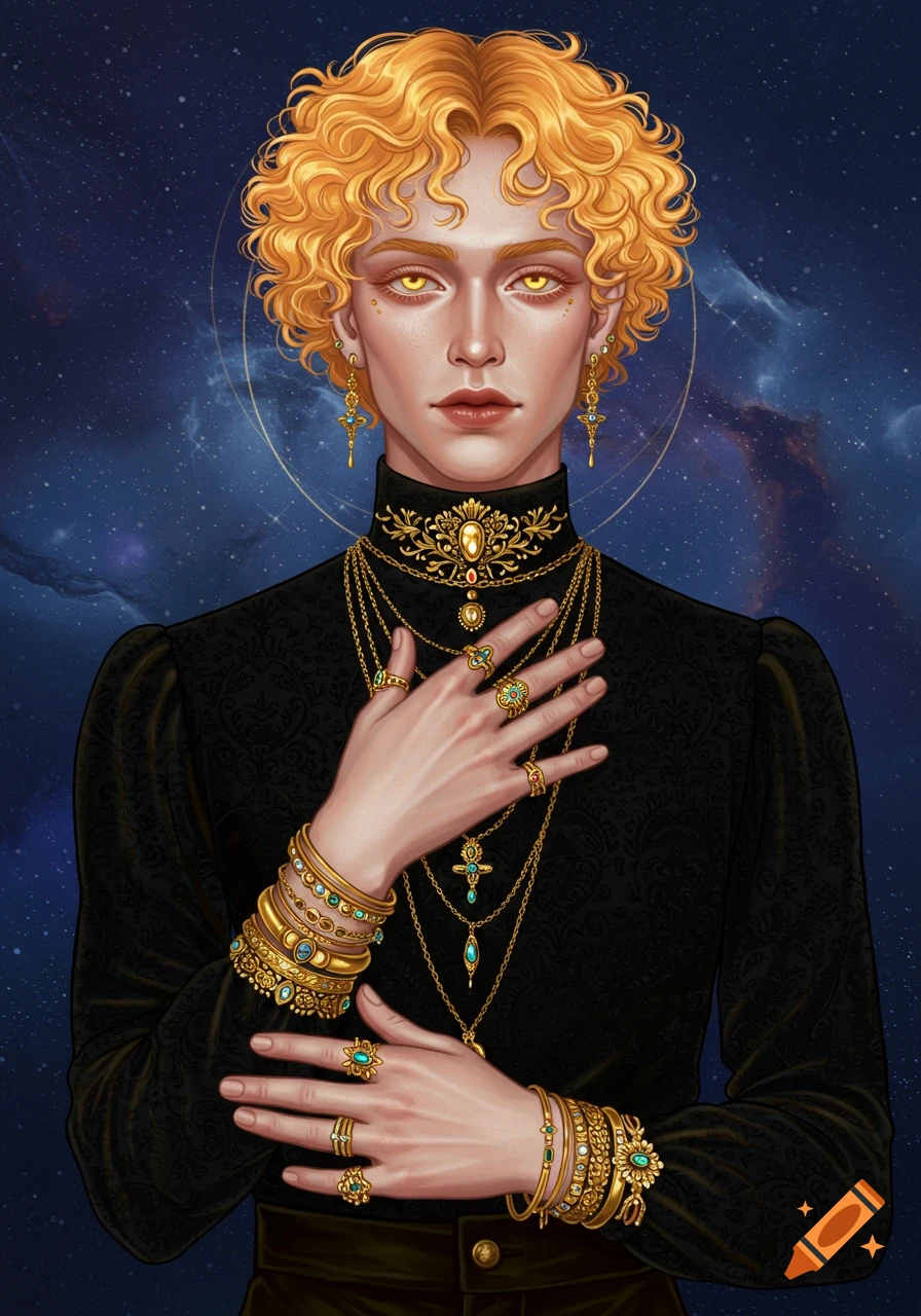A pale-skinned person with curly blonde hair and gold eyes, adorned with elaborate gold jewelry, against a cosmic background.