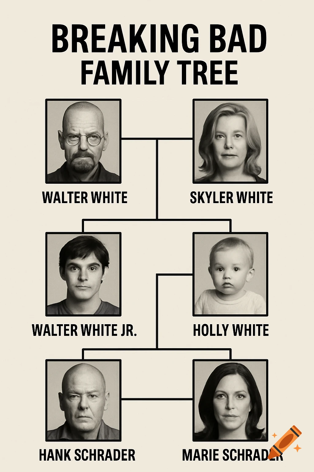A black and white Breaking Bad family tree with portraits of Walter, Skyler, Walter Jr., Holly, Hank, and Marie White/Schrader.