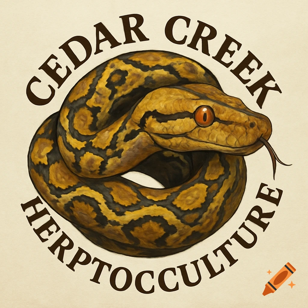A circular logo featuring a coiled reticulated python with dark brown and gold patterns, with the text 'CEDAR CREEK HERPTOCULTURE' arched above and below it.