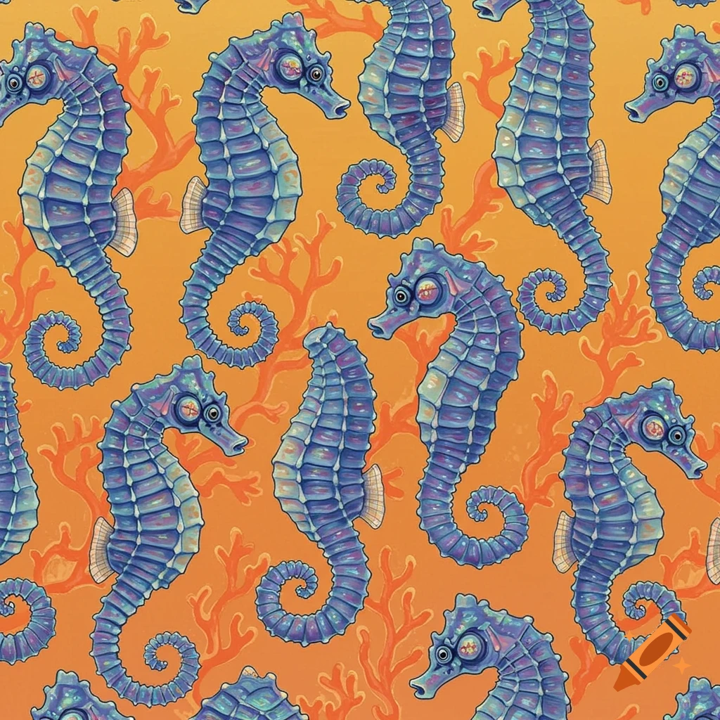 A vibrant seamless pattern of blue and purple stylized seahorses on an orange background with coral.