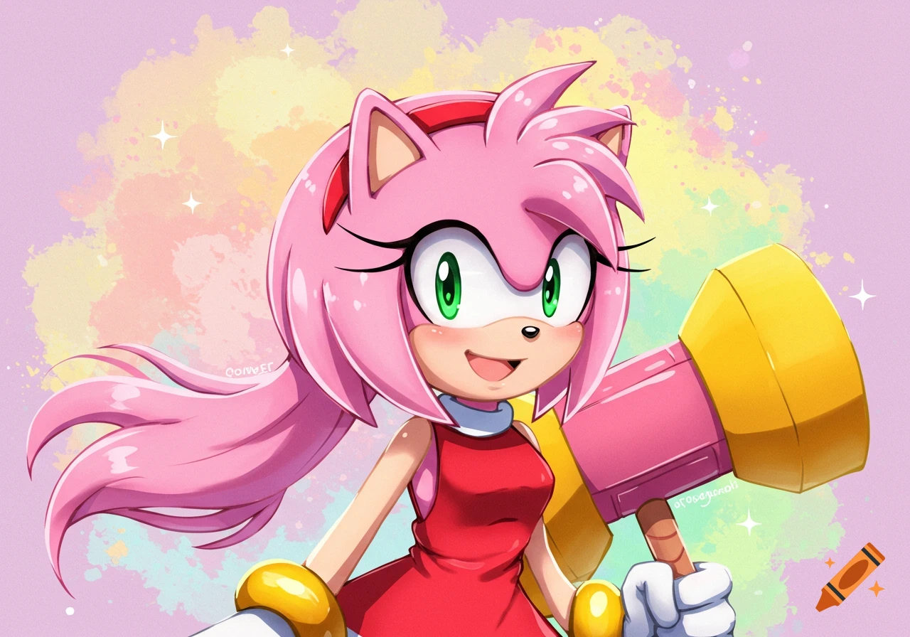Amy Rose with long pink hair smiles while holding her hammer against a pastel watercolor background, in an anime art style.