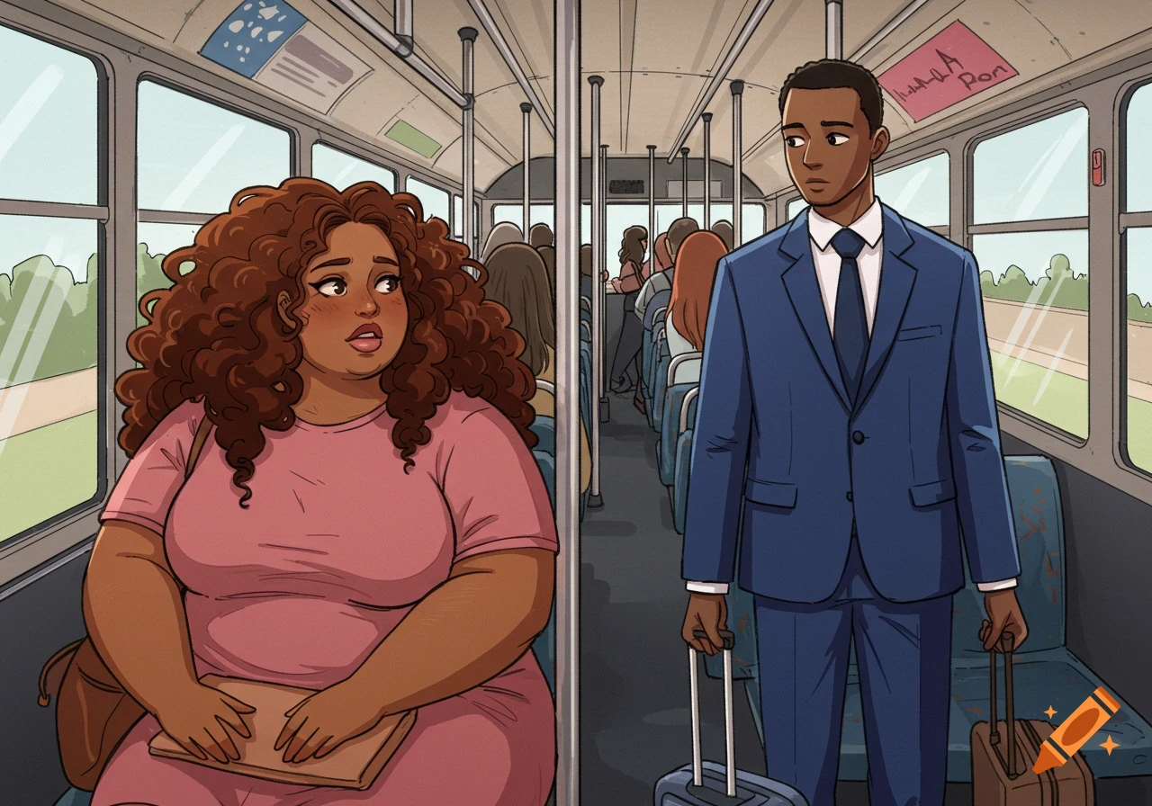 A cartoon illustration shows a shy man and woman on a bus, avoiding eye contact.