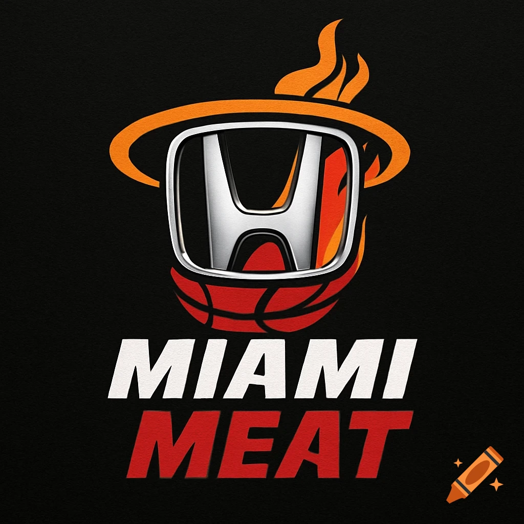 A parody logo featuring a silver Honda emblem within a basketball shape, surrounded by orange flames, above the white text 'MIAMI' and red text 'MEAT' on a black background.