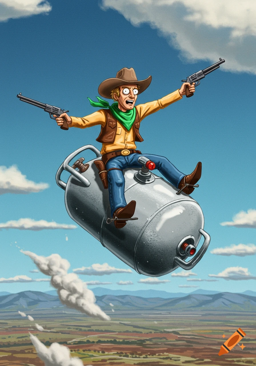 A cartoon cowboy with a startled expression rides a falling propane tank, holding two revolvers, against a blue sky over a landscape.