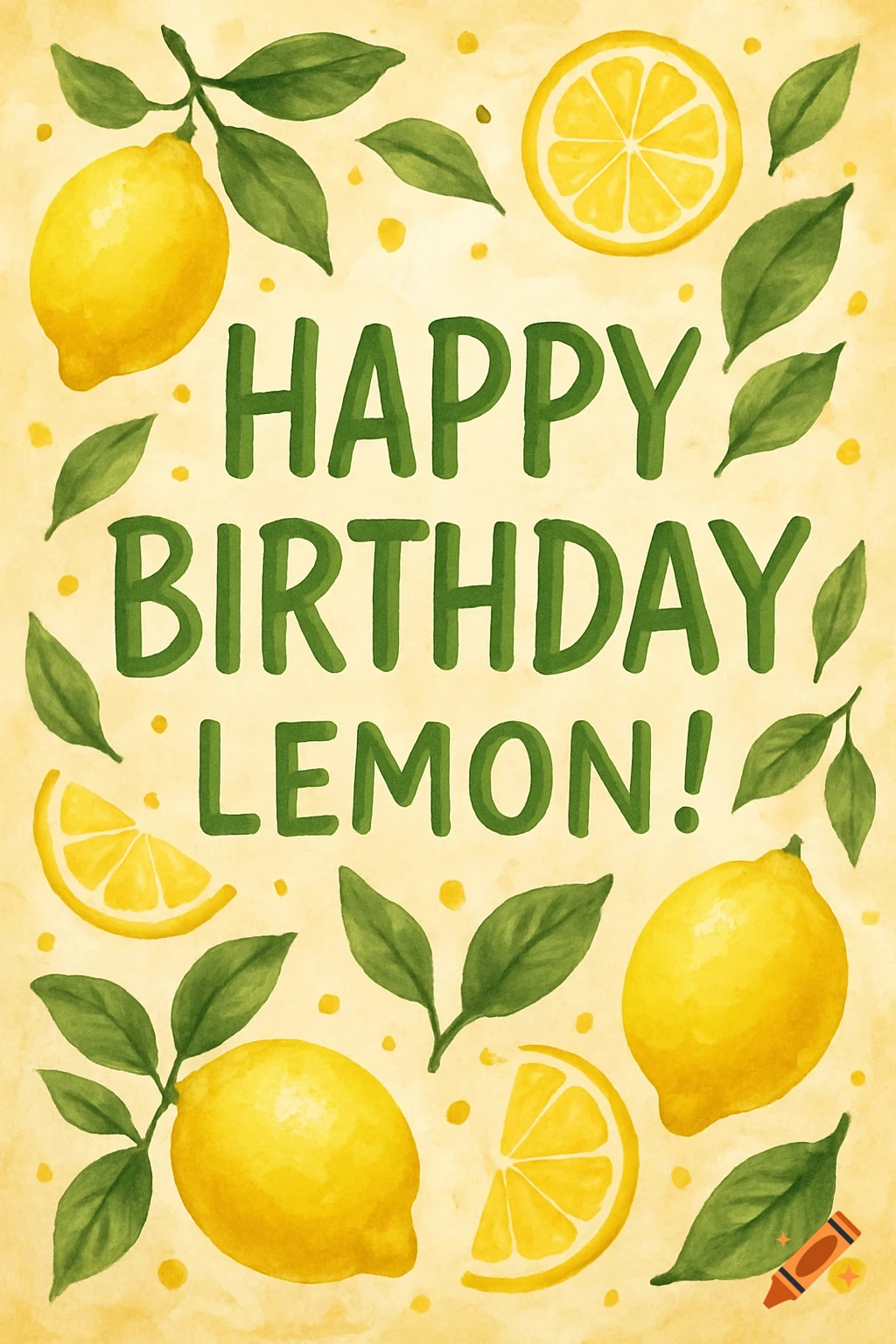 Watercolor birthday card with green text 'HAPPY BIRTHDAY LEMON!' surrounded by yellow lemons and green leaves on a light yellow background.