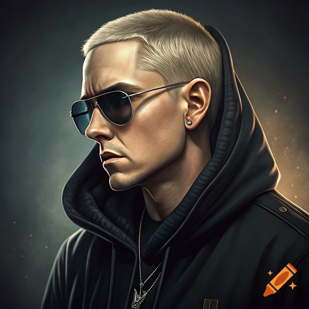 Photorealistic portrait of a man resembling Eminem in a black hoodie and sunglasses, looking left.