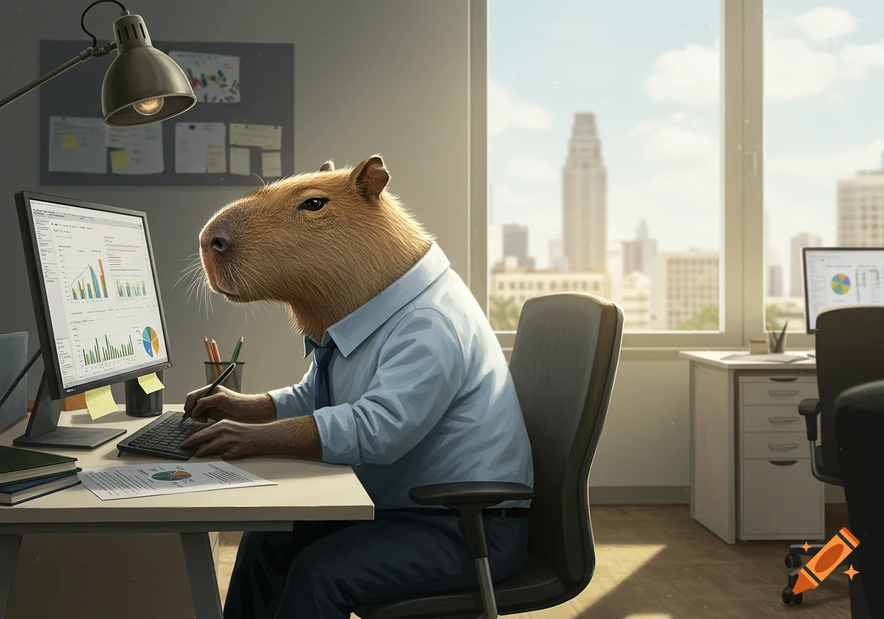 A photorealistic capybara in a light blue shirt and tie works at a computer in an office overlooking a cityscape.