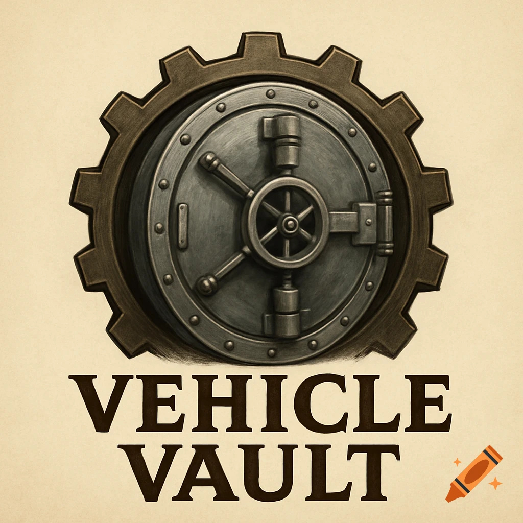 A stylized logo featuring a bank vault door inside a large gear, with the words 'VEHICLE VAULT' beneath it.
