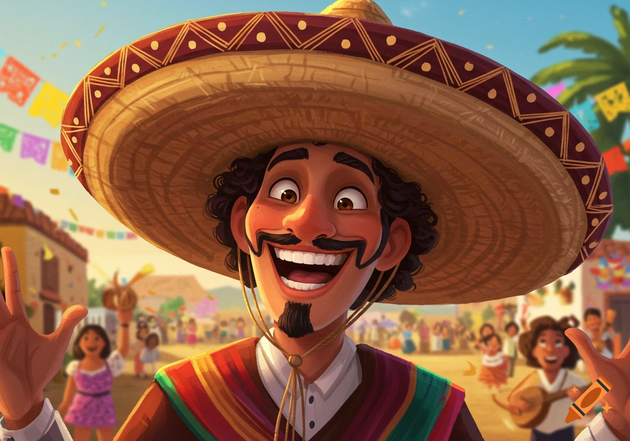 A smiling man in a wide sombrero and colorful poncho raises his hands at a lively outdoor celebration with people in the background.