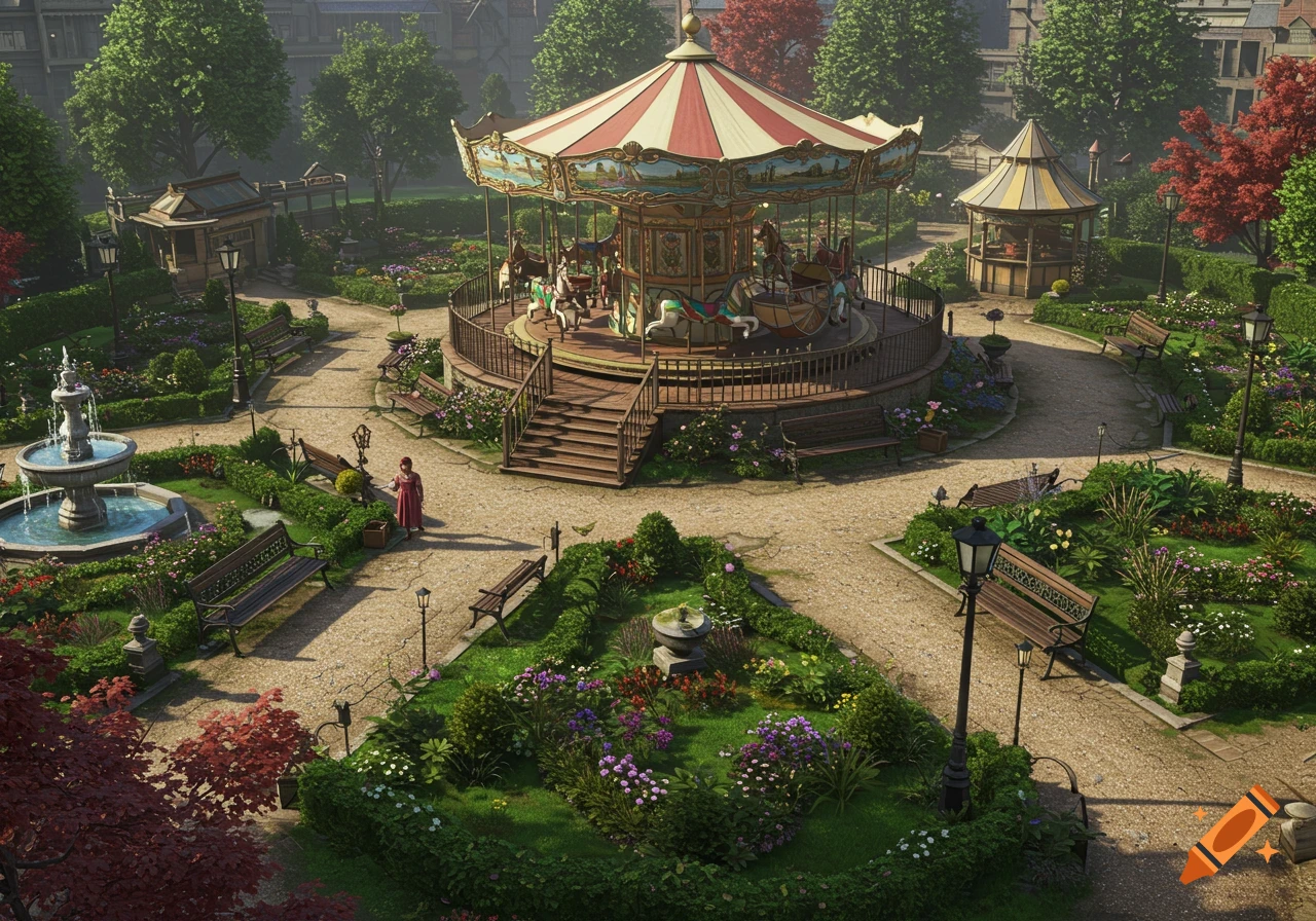 Overhead view of an ornate Victorian garden with a grand carousel, fountain, gravel paths, and flowerbeds.