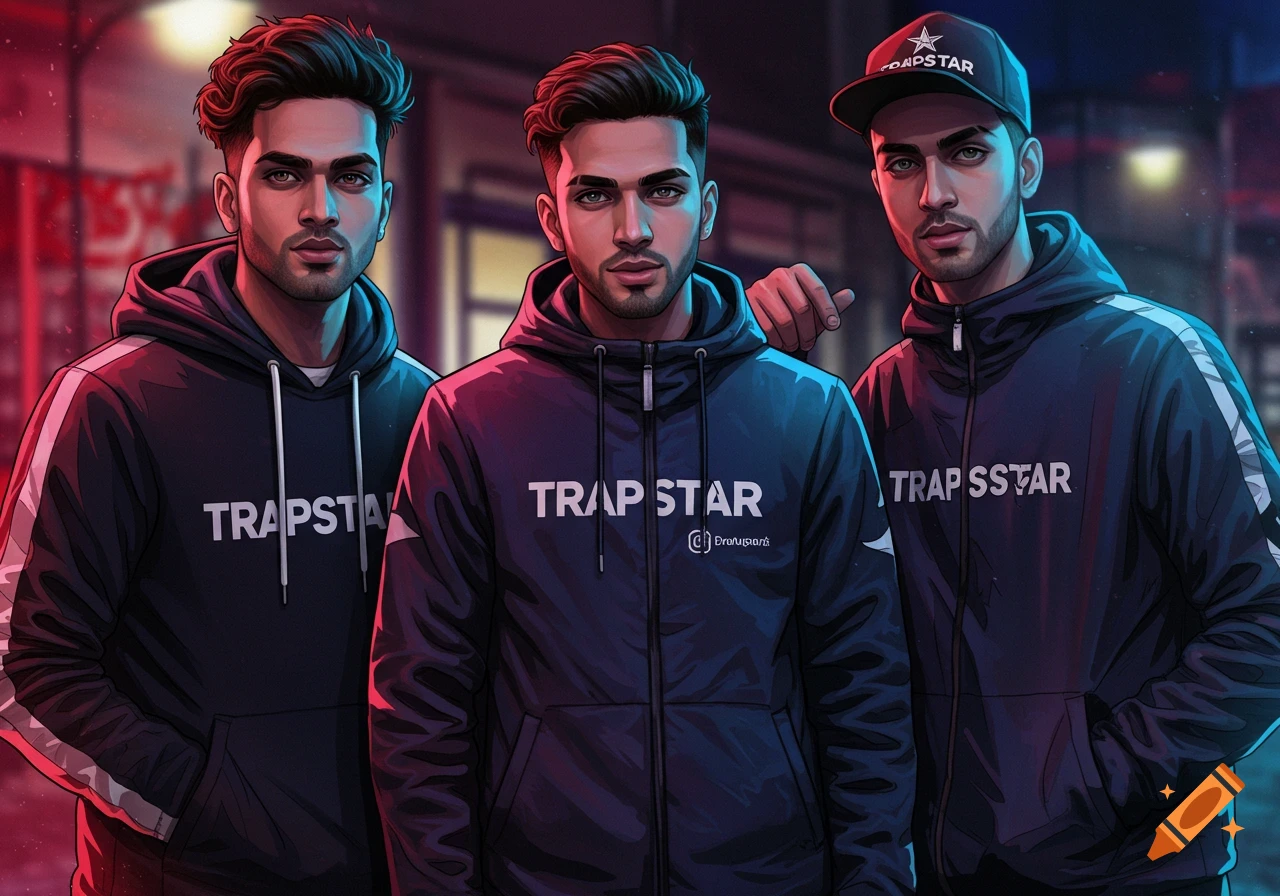 Three handsome young men in a stylized digital art style, wearing dark hoodies with the brand 'TRAPSTAR' written on them, standing in an urban setting with neon lights.