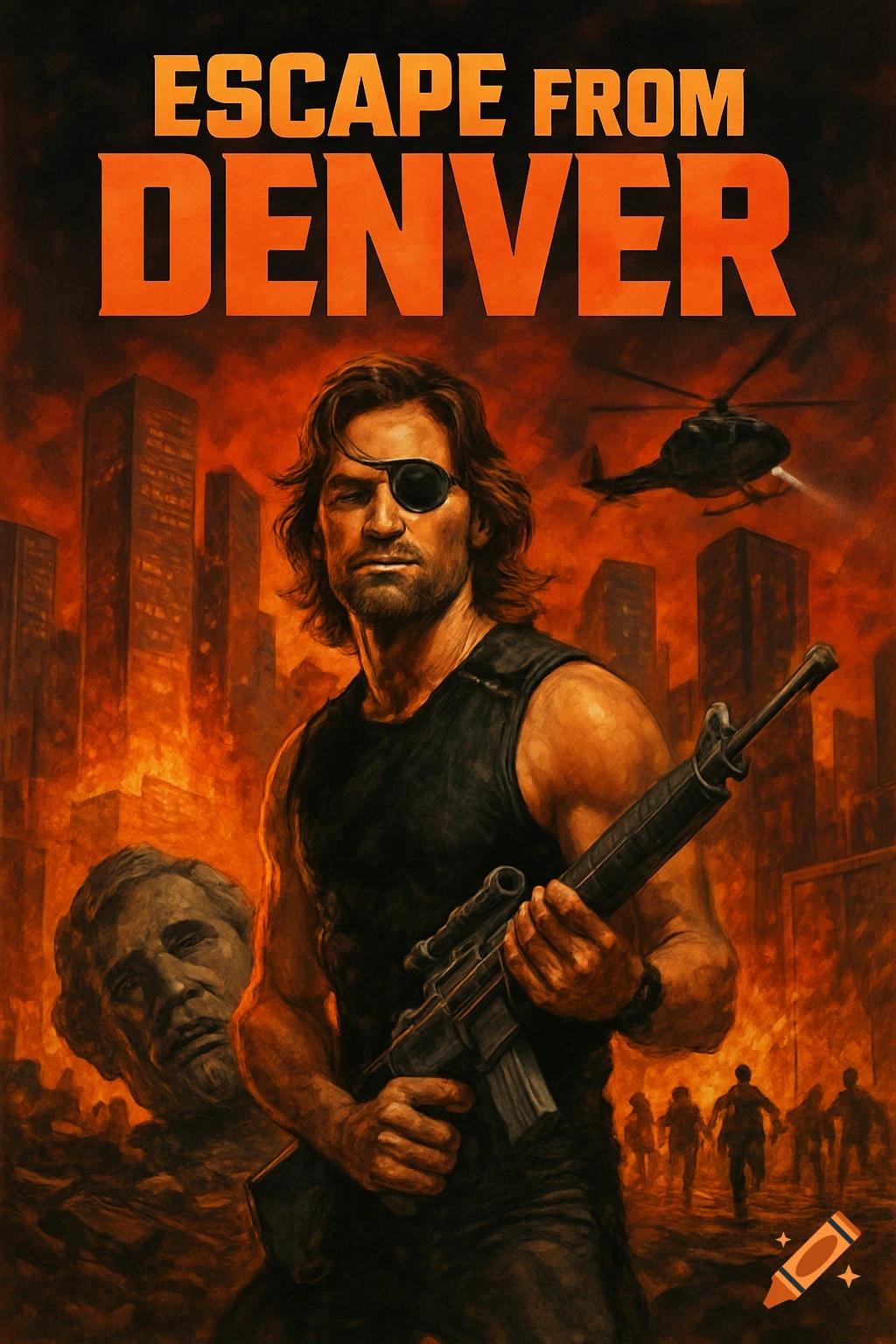 A man with an eyepatch holds a rifle in a burning cityscape with a helicopter, movie poster for "Escape from Denver."