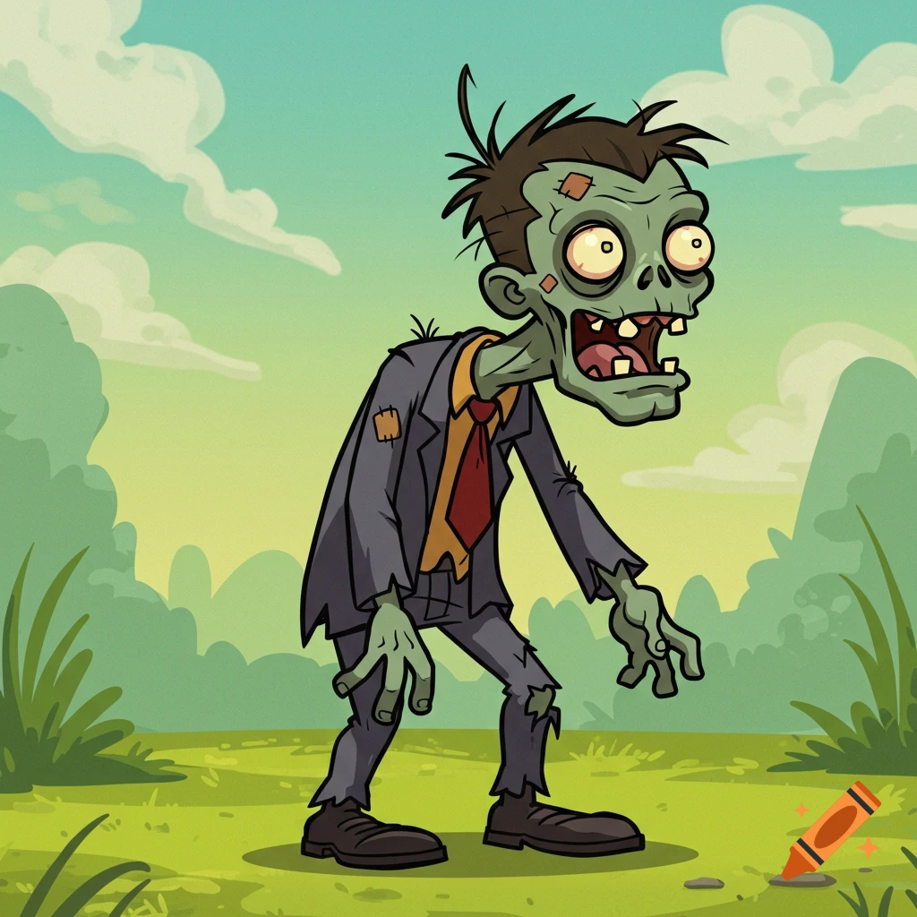 A cartoon zombie in a ripped suit walks in a grassy field under a cloudy sky.