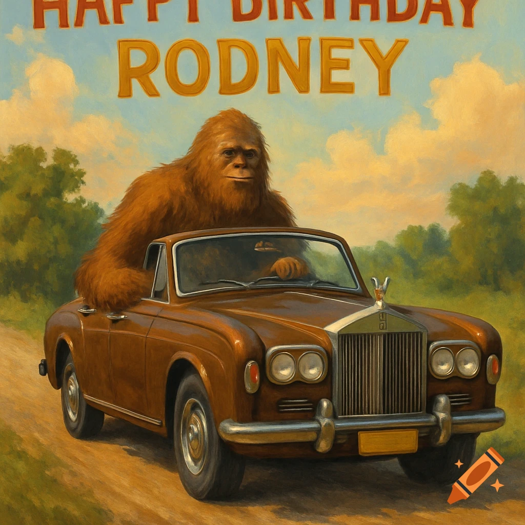 A brown Bigfoot creature drives a vintage brown Rolls Royce convertible, with 'Happy Birthday Rodney' text in the sky, in a painterly style.