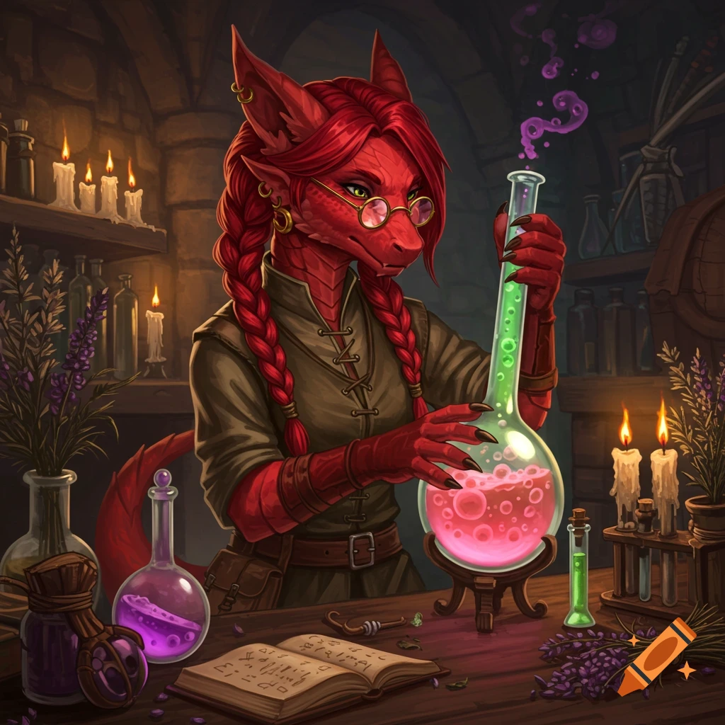 A red female kobold with braided hair and glasses mixes colorful potions in an alchemy lab with candles and bottles.