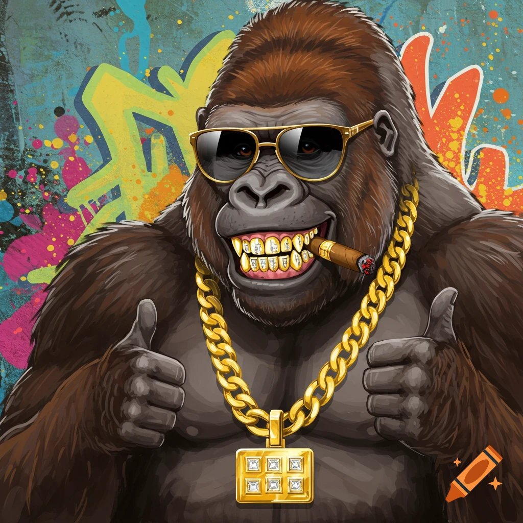 Cartoon gorilla wearing sunglasses, a gold grill, and chains, holding a cigar and giving two thumbs up against a colorful graffiti background.