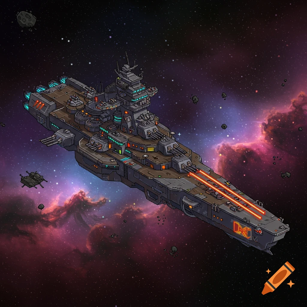 A detailed pixel art space destroyer spaceship floats in deep space amidst a colorful nebula, stars, and asteroids.