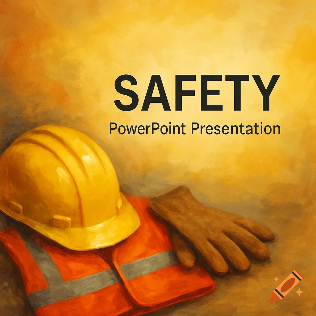 A yellow hard hat, orange safety vest, and brown work glove against an orange and brown painterly background with the words SAFETY and PowerPoint Presentation.