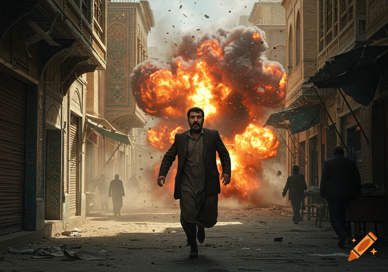A man runs through a debris-filled street as a large, fiery explosion erupts behind him in a cityscape.