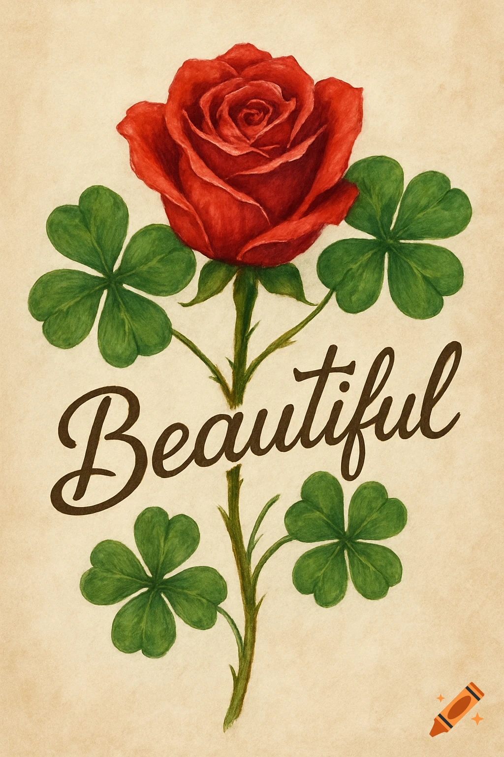 Watercolor illustration of a red rose with four-leaf clovers as leaves and the word 'Beautiful' on its stem.