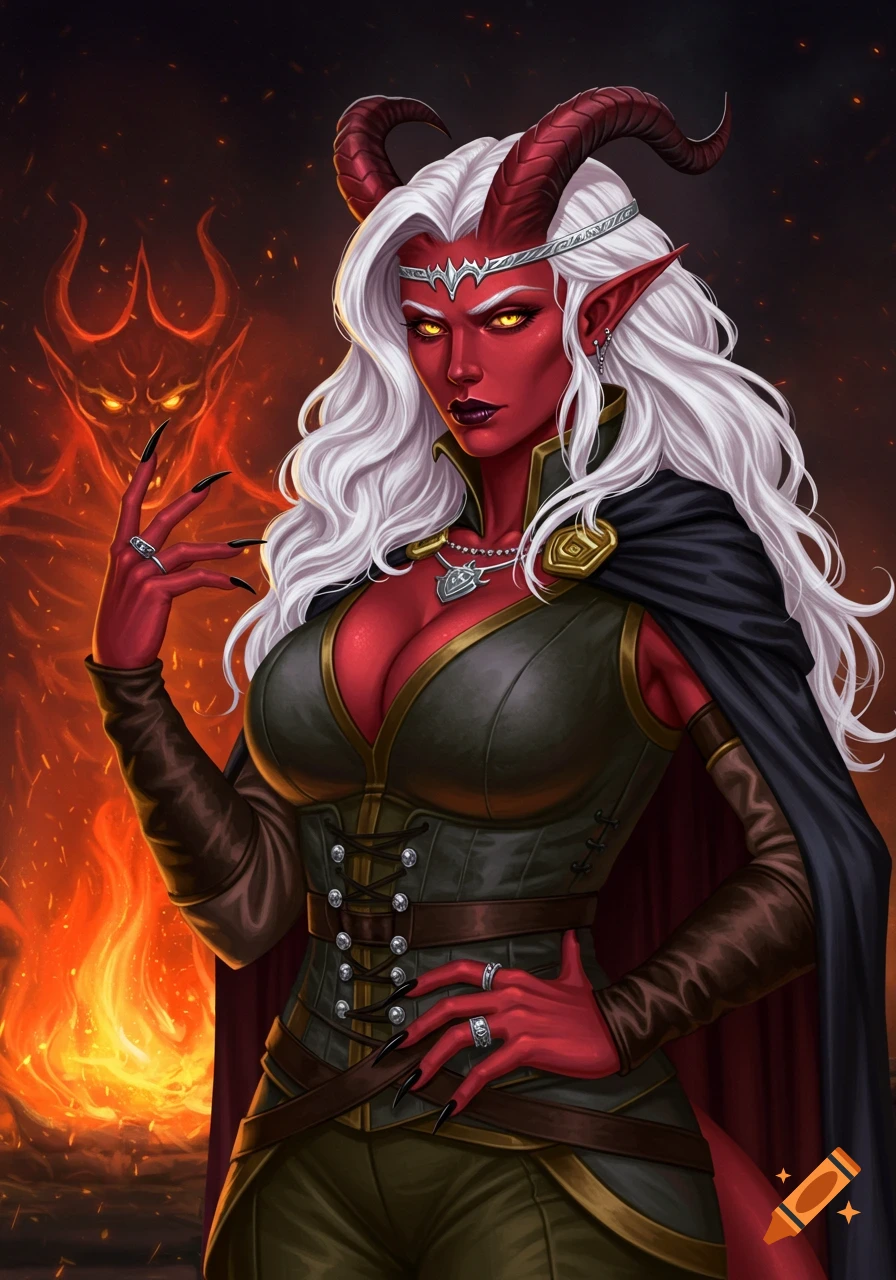 Regal female Tiefling with red skin, white hair, and horns in fighting leathers and a cape, by fire with a subtle fiend.