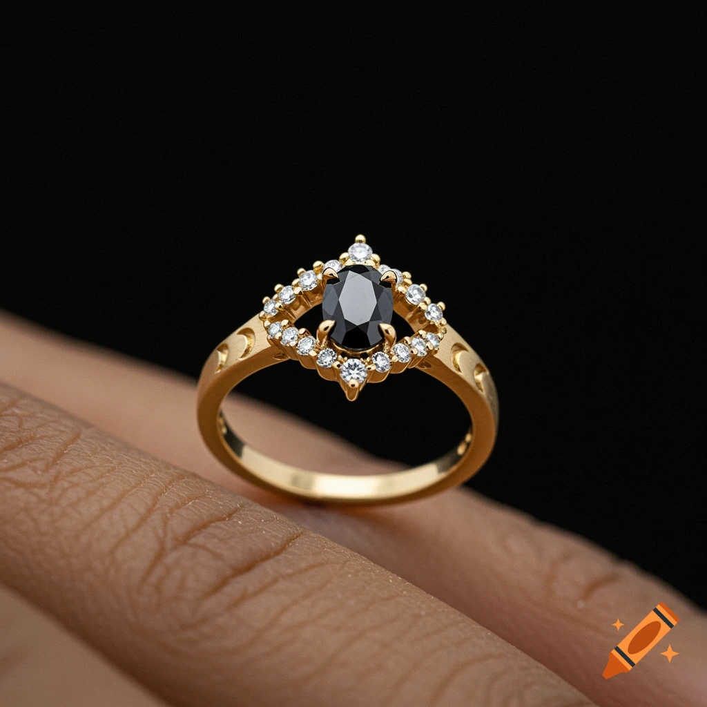 A close-up of a gold ring featuring an oval black gemstone surrounded by white diamonds, worn on a finger against a black background.