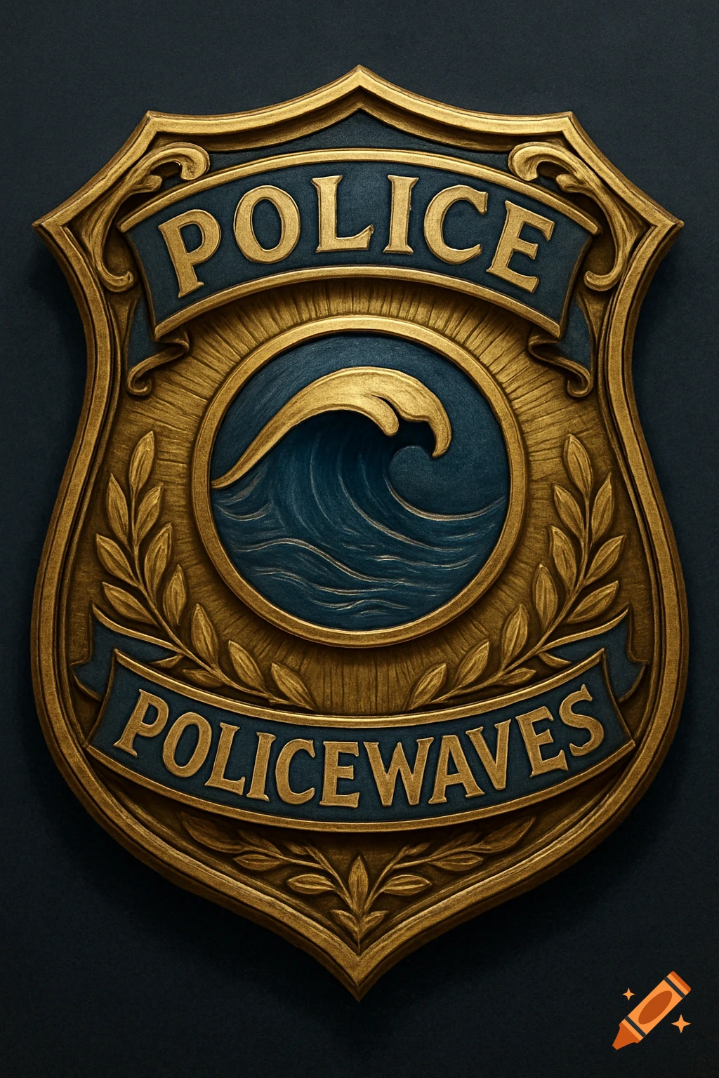 A gold and blue police-style badge featuring a stylized wave and the words "POLICE" and "POLICEWAVES".