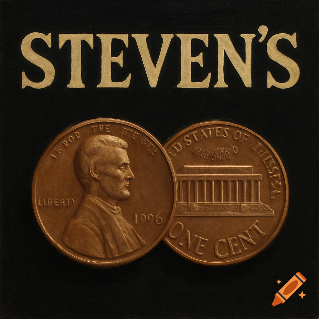 The gold word STEVEN'S above two bronze American pennies on a black background. The pennies show Lincoln and the Lincoln Memorial.