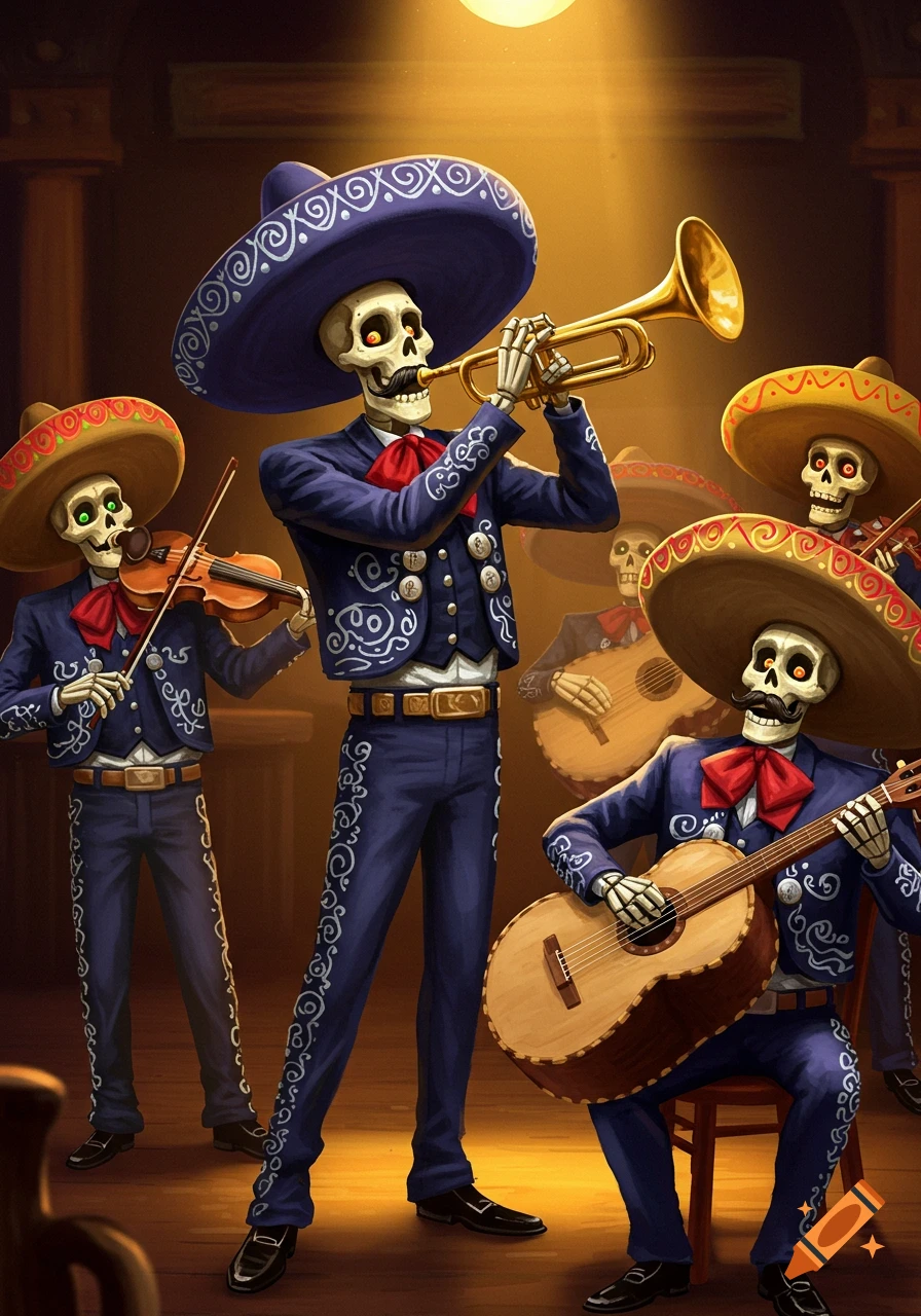 A stylized painting of a skeleton mariachi band performing, with a trumpeter, violinist, and guitarists wearing traditional charro suits.
