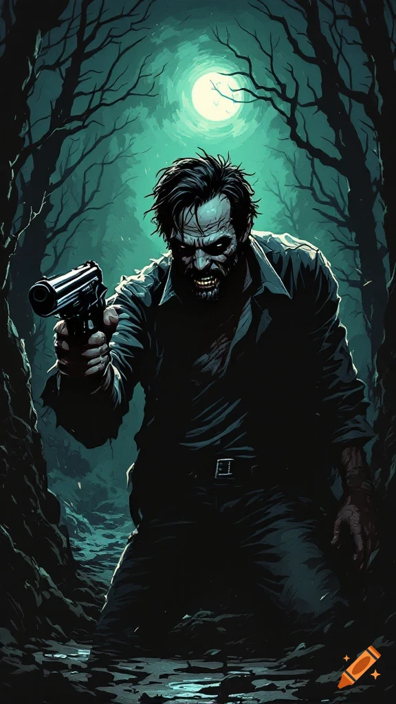 A menacing, zombie-like man with glowing eyes and sharp teeth, holding a handgun in a dark, stylized forest under a full moon. Comic book style.