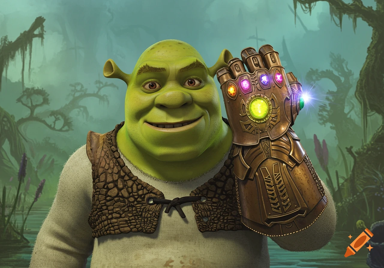 Shrek wearing the Infinity Gauntlet with glowing stones, set in a mystical swamp environment.
