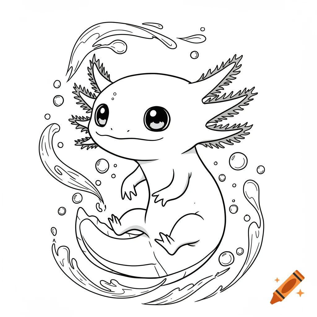 Black and white vector illustration of a cute cartoon baby axolotl with bubbles, looking like it's underwater.