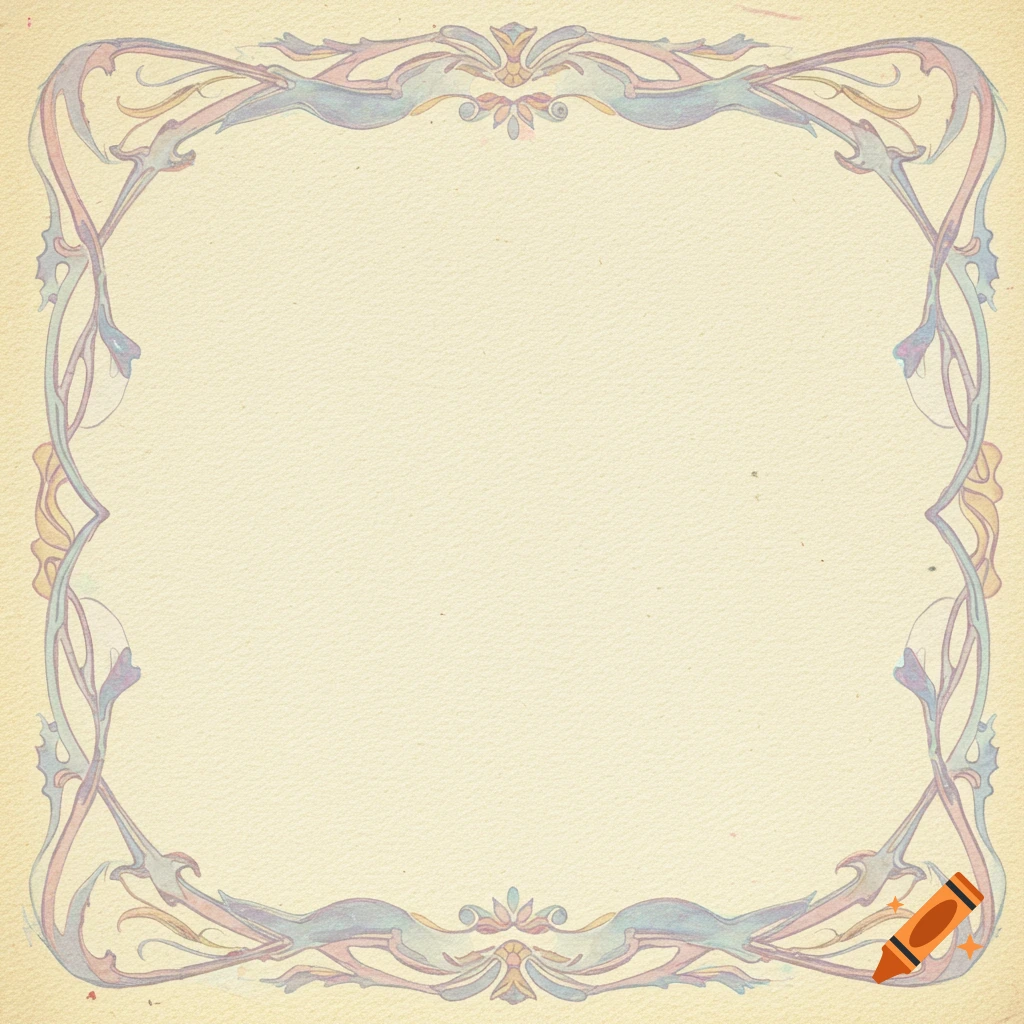 Art Nouveau style decorative border with swirling lines and muted colors on a textured cream paper background.
