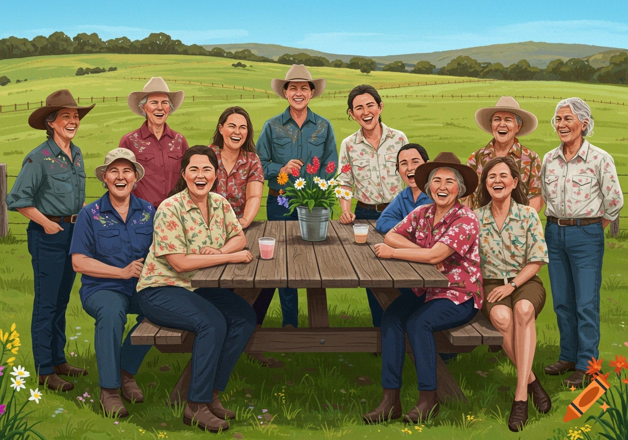 An illustration of a group of laughing Australian rural women of varying ages gathered around a picnic table in a green field.