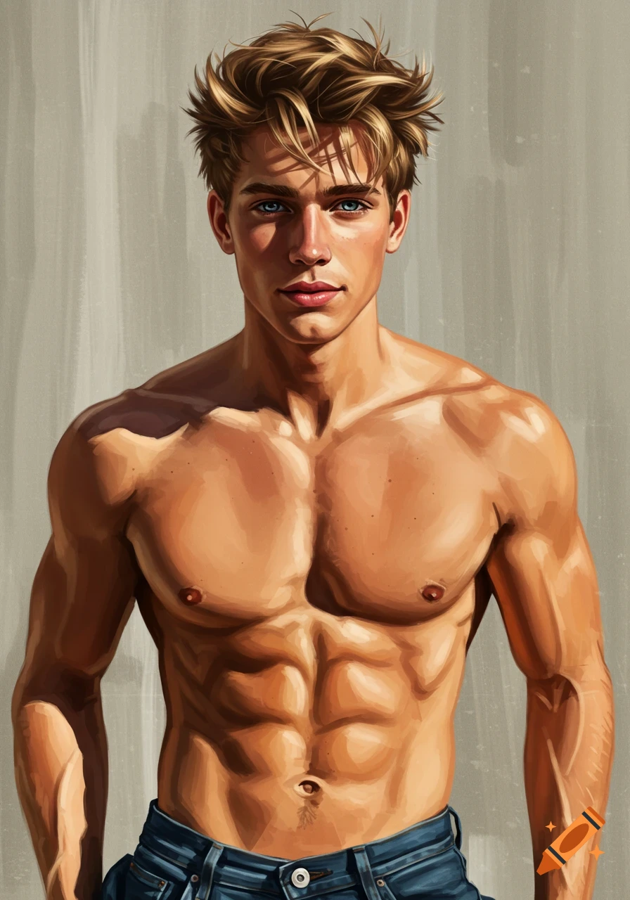 Digital art portrait of a muscular young man with blond hair and blue eyes, shirtless in jeans.