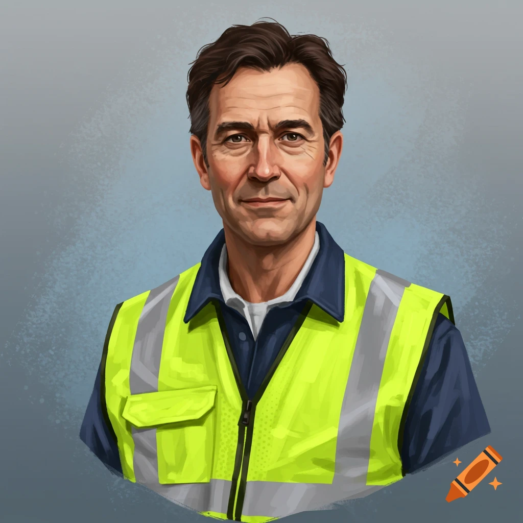 Portrait of a man wearing a bright yellow safety vest, looking directly at the viewer.