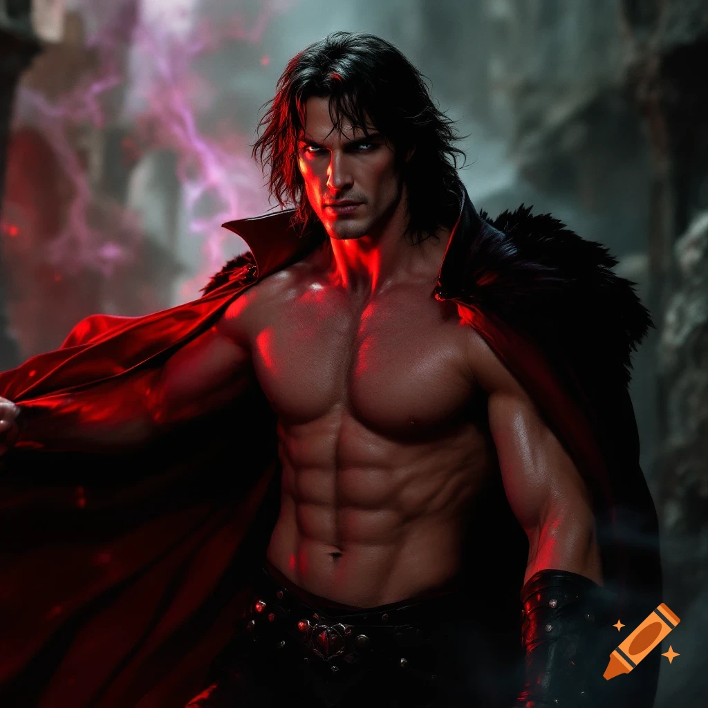 A muscular man with dark hair, glowing red chest, and a black cape stands in a dark fantasy setting.