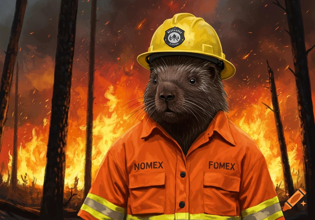 A porcupine wearing an orange firefighter uniform and yellow hard hat stands in a burning forest. Digital art.
