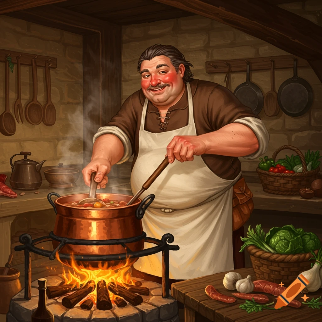 A cheerful medieval cook stirs a large copper pot over an open fire in a stone kitchen with hanging utensils and fresh vegetables.